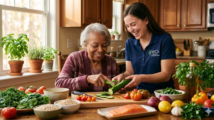 Caregiver and elderly woman preparing fresh vegetables in a home kitchen