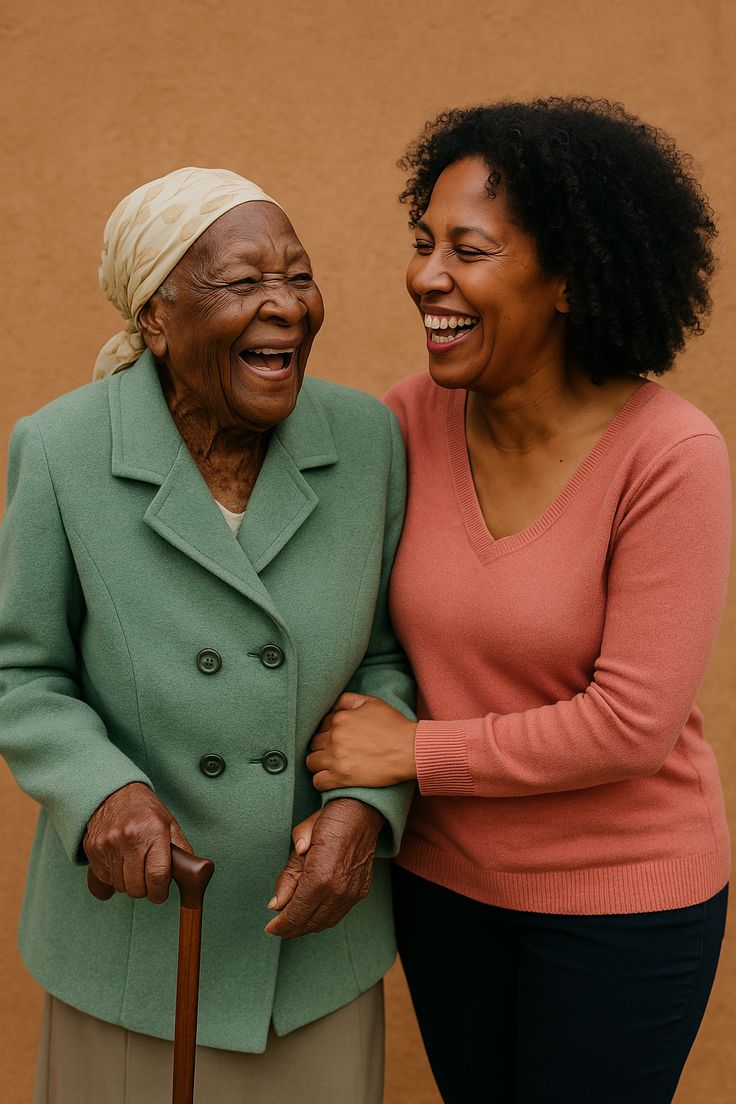 Younger woman and elderly woman laughing joyfully together